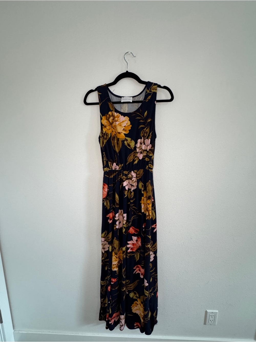 French Grey Navy Floral Maxi Dress Medium Boho Stretch Sleeveless Made in USA